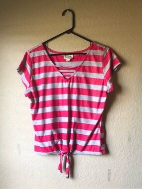 Pretty Rebellious Shirt Vintage Y2K Pink & Gray Stripe Tie Front Top Juniors Med